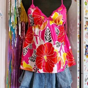 Y2K 2000s la Senza pink floral cami tank with lace